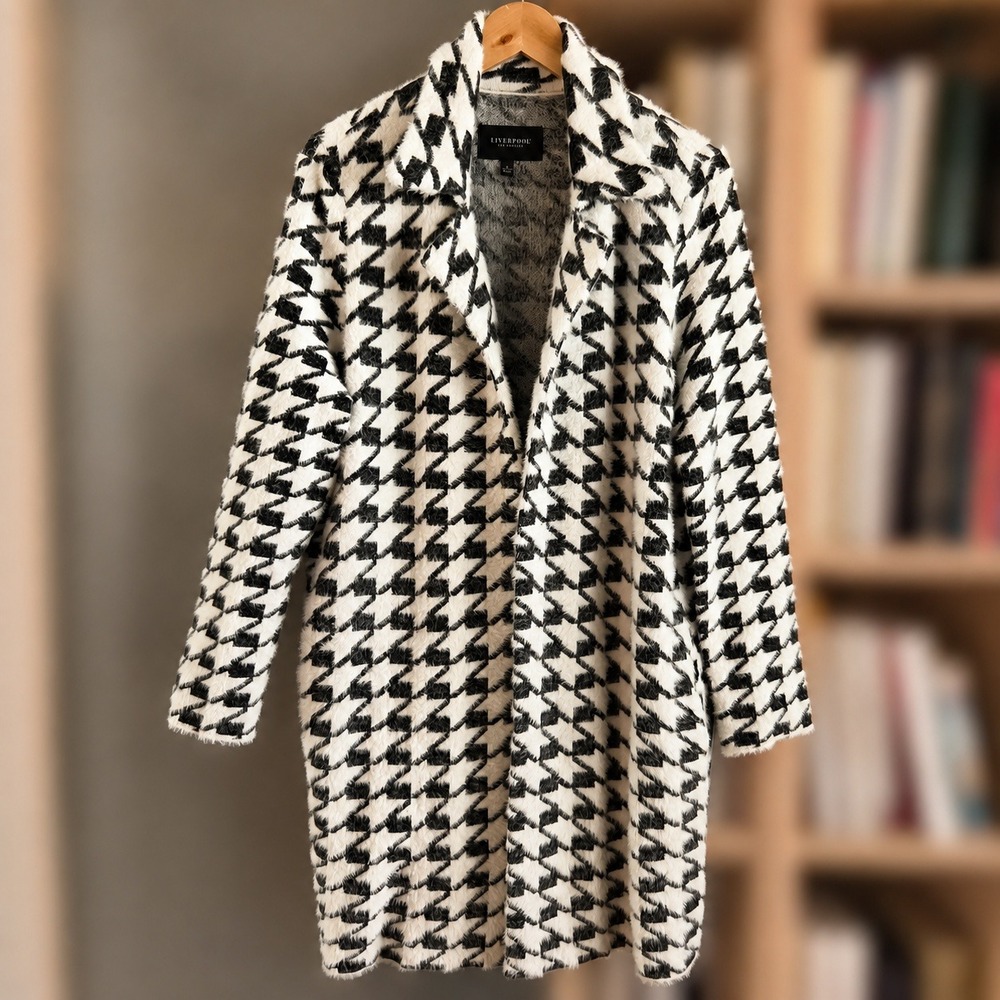 Liverpool Los Angeles Houndstooth Longline Cardigan Sweater Coat Black‎ White M